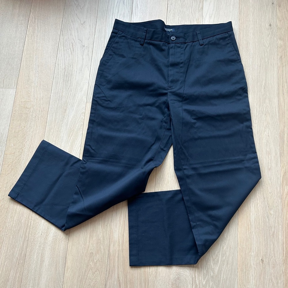 Nautica Clipper Mens 36x30 Navy Blue Chino Pants Wrinkle Resistant Cotton Preppy